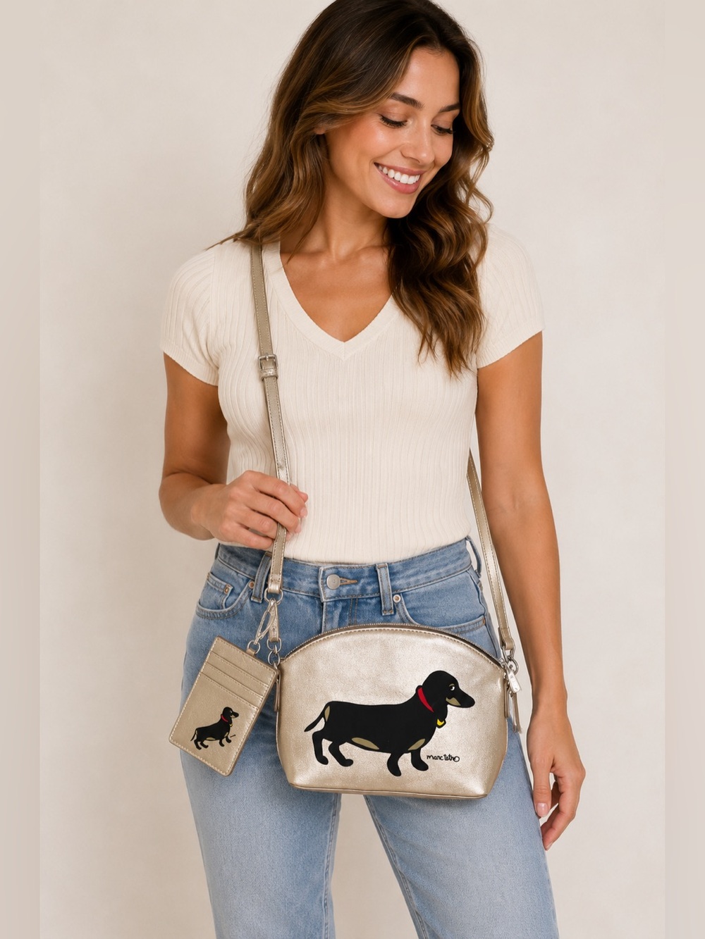 Marc Tetro Metallic Gold Dachshund Crossbody Bag & Card Holder Set NWT
